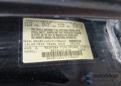 2007 Nissan Versa 1.8Sl из США, поврежденный, VIN 3N1BC11E17L436663